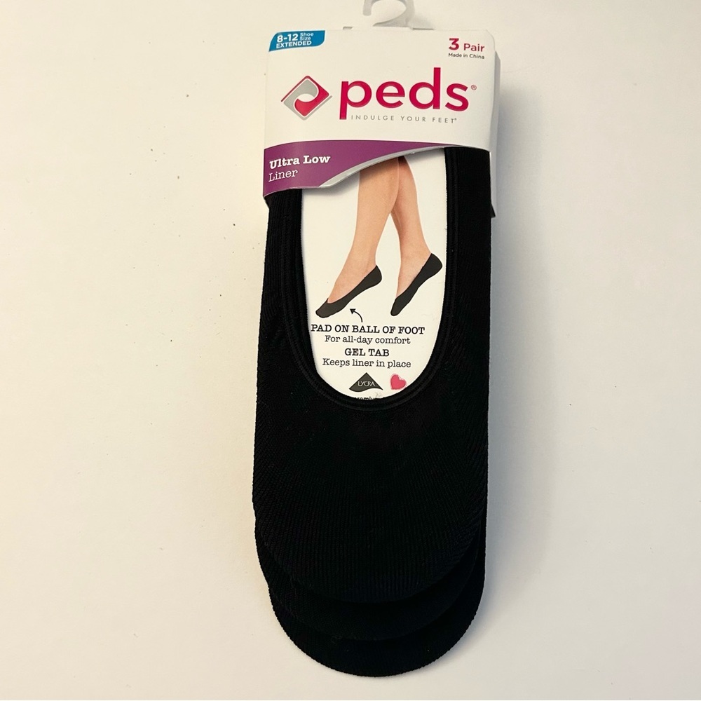 Peds Ultra Low No show Liners Black 3 Pairs Size 8 - 12 NWT